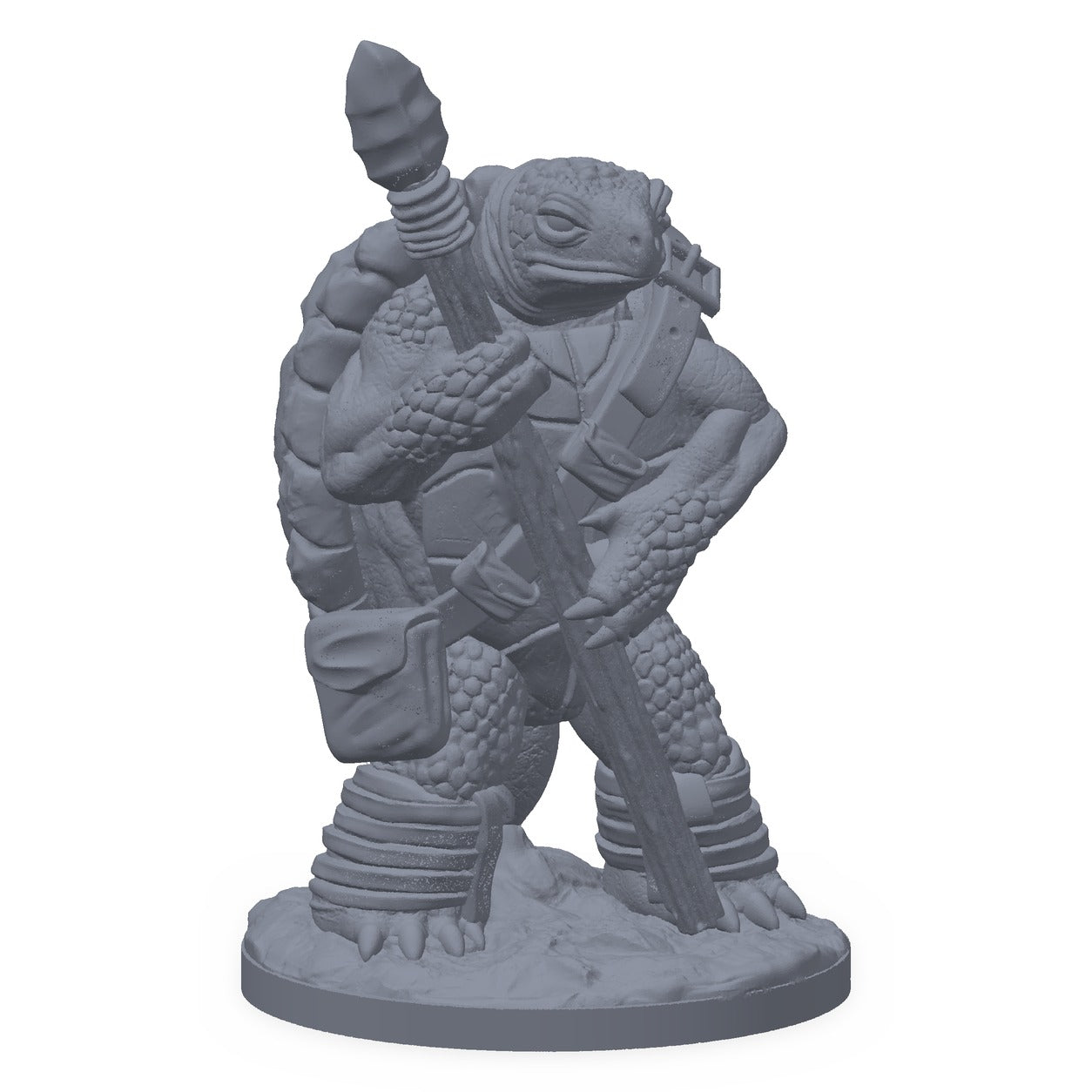 Grå 3D-printet miniatyr av en skilpaddekriger med tungt utstyr, til D&D og Pathfinder.