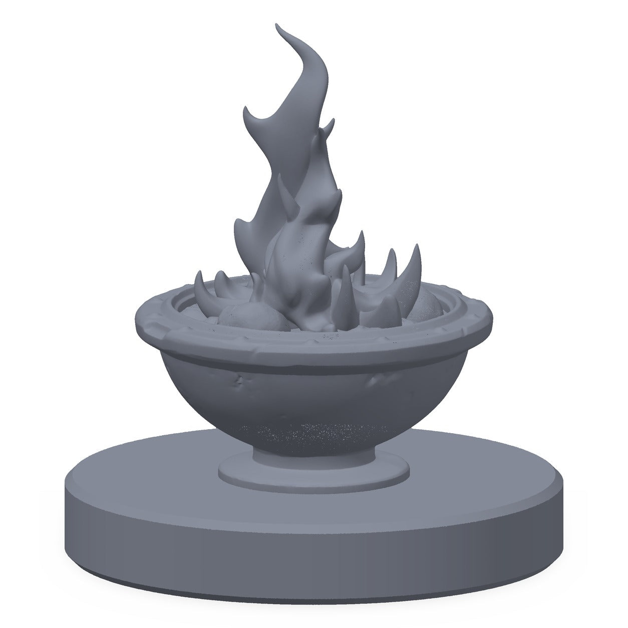 3D-printet lavt fyrfat med flammer i grå PLA – terrengrekvisitt til D&D og Pathfinder.