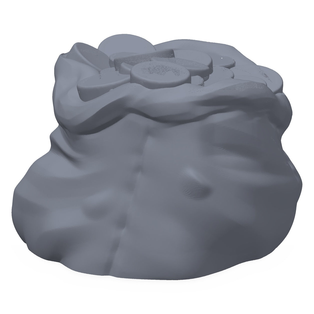3D-printet myntsekk i grå PLA – terrengrekvisitt til D&D og Pathfinder.