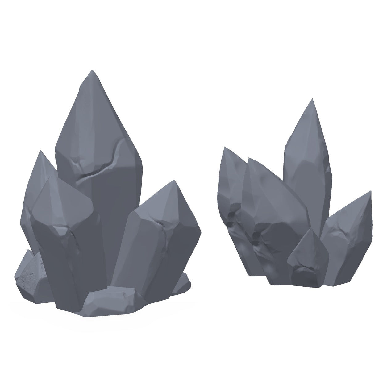 3D-printet krystaller i grå PLA – terrengrekvisitt til D&D og Pathfinder.