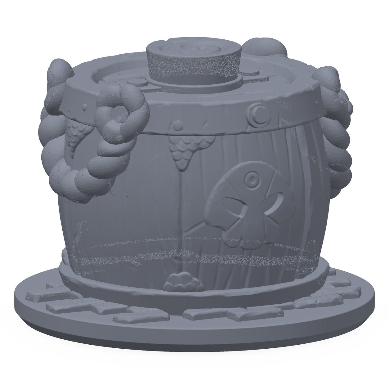 3D-printet eksplosiv tønne i grå PLA – terrengrekvisitt til D&D og Pathfinder.