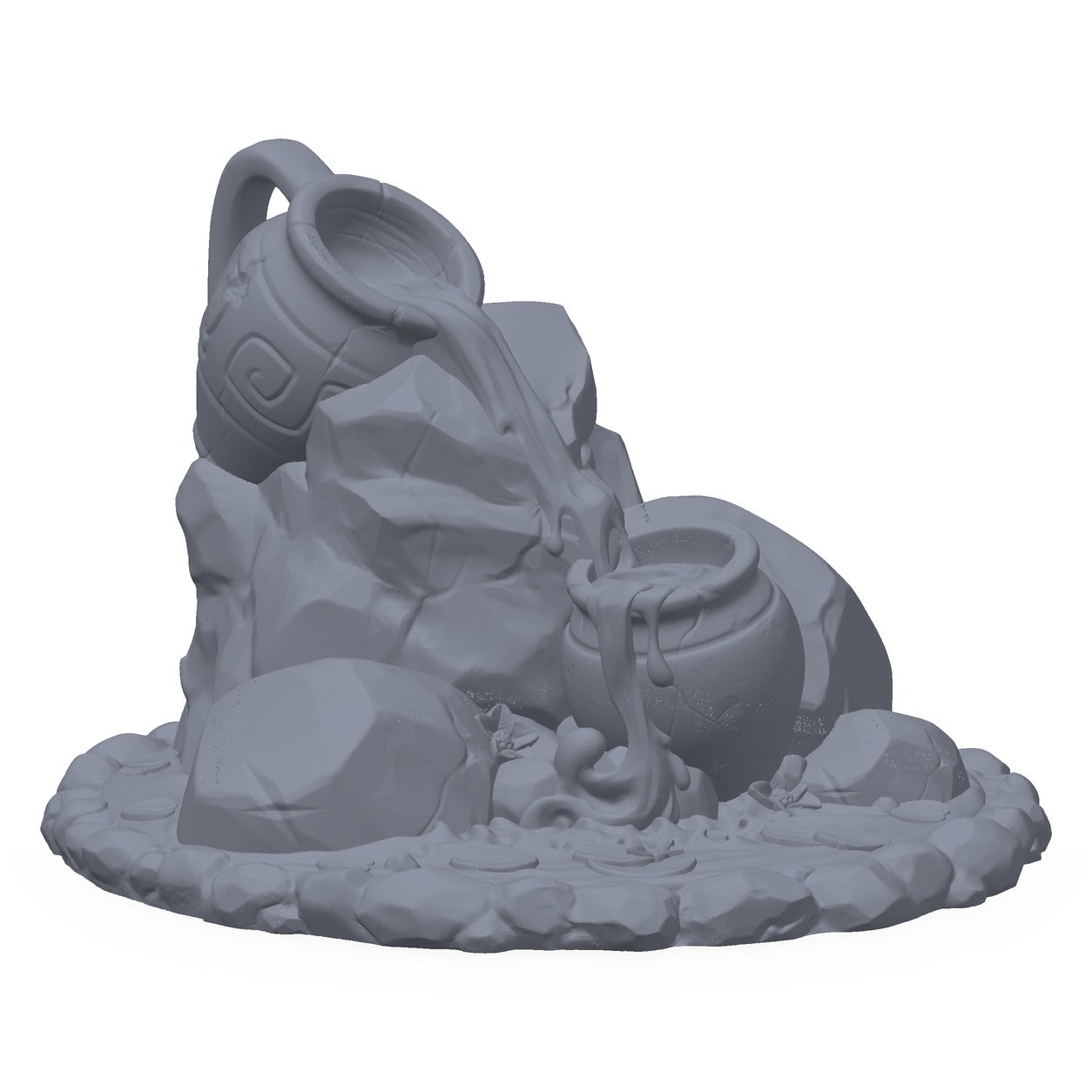 Grå 3D-printet rekvisitt av en froskefont med vannbasseng, til D&D og Pathfinder.