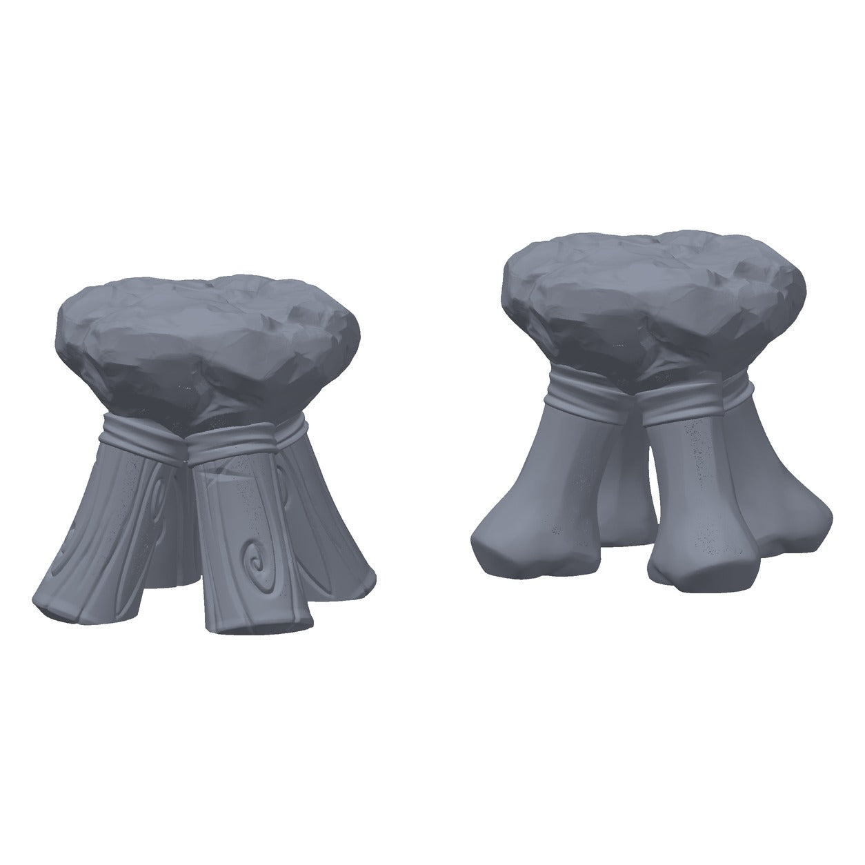 3D-printet gnollseter i grå PLA – terrengrekvisitt til D&D og Pathfinder.