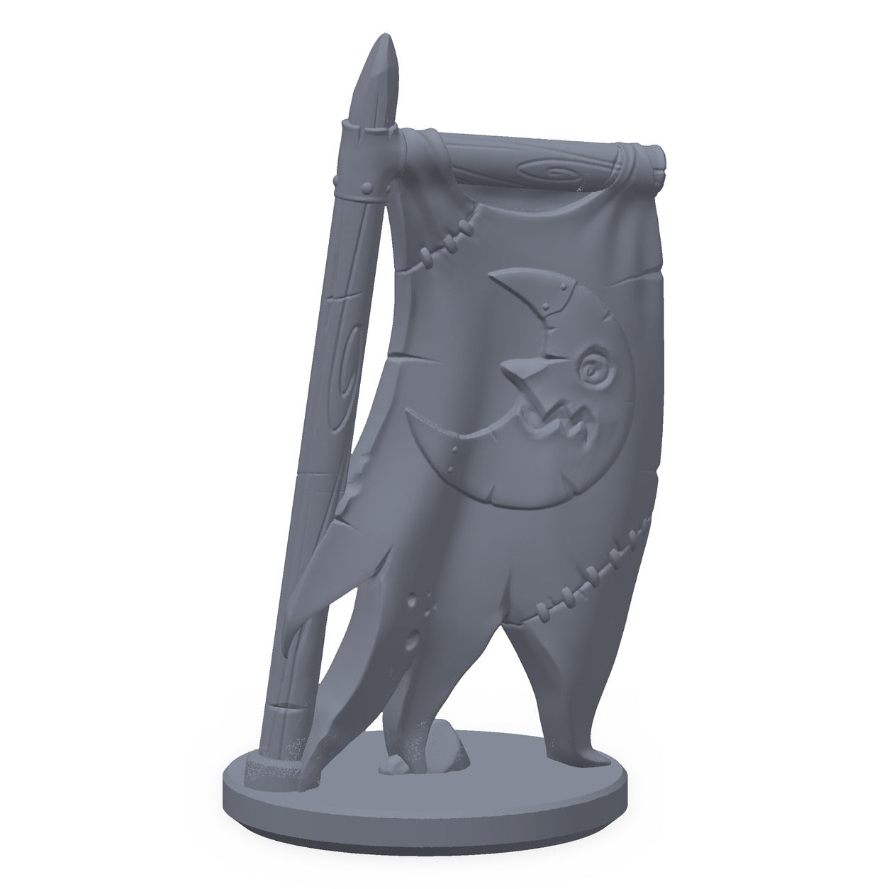 3D-printet goblinkult-banner i grå PLA – terrengrekvisitt til D&D og Pathfinder.