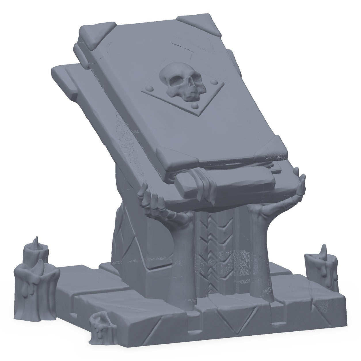 3D-printet trolldomsbok i grå PLA – terrengrekvisitt til D&D og Pathfinder.
