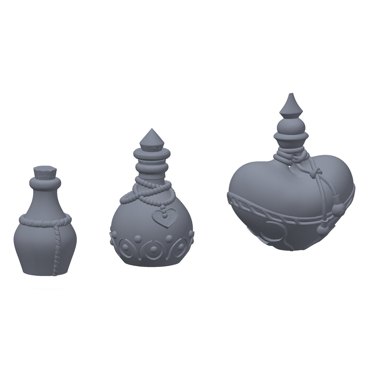 3D-printet helsedrikk-sett i grå PLA – terrengrekvisitt til D&D og Pathfinder.