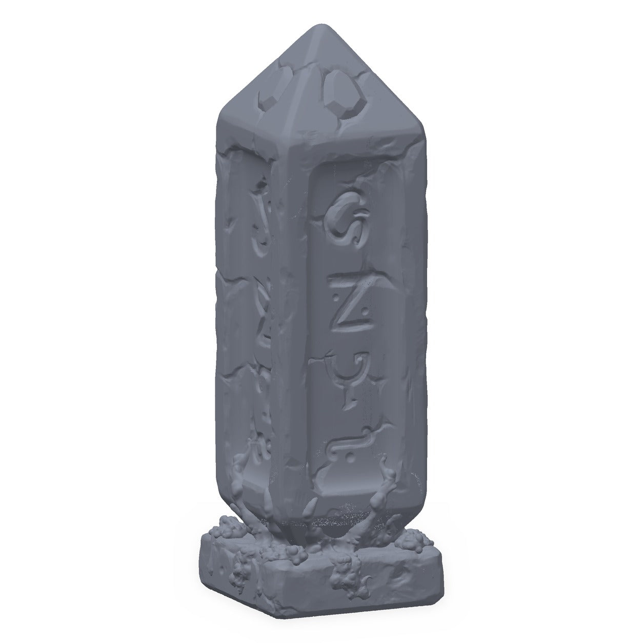 3D-printet mutantobelisk i grå PLA – terrengrekvisitt til D&D og Pathfinder.