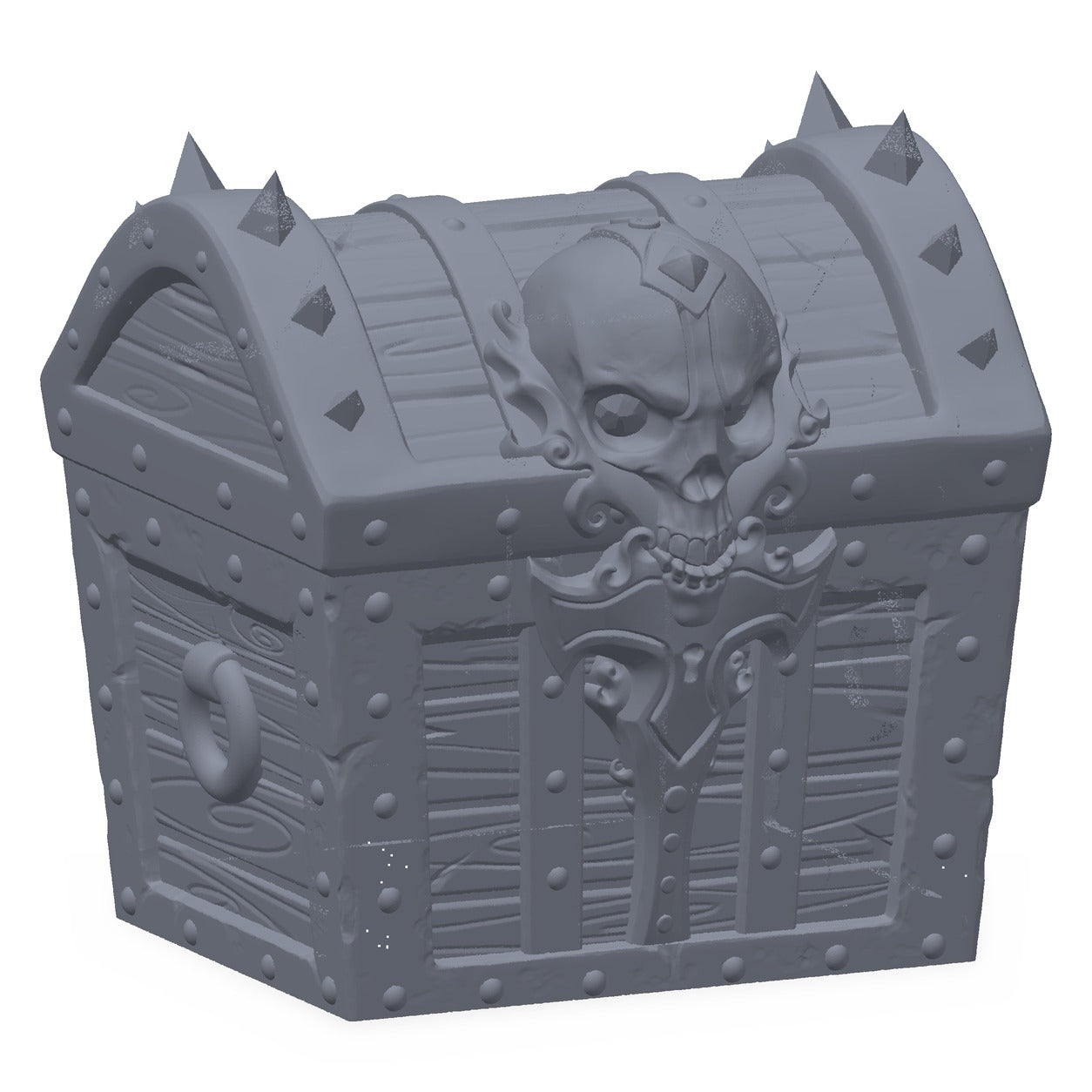 3D-printet piratkiste i grå PLA – terrengrekvisitt til D&D og Pathfinder.