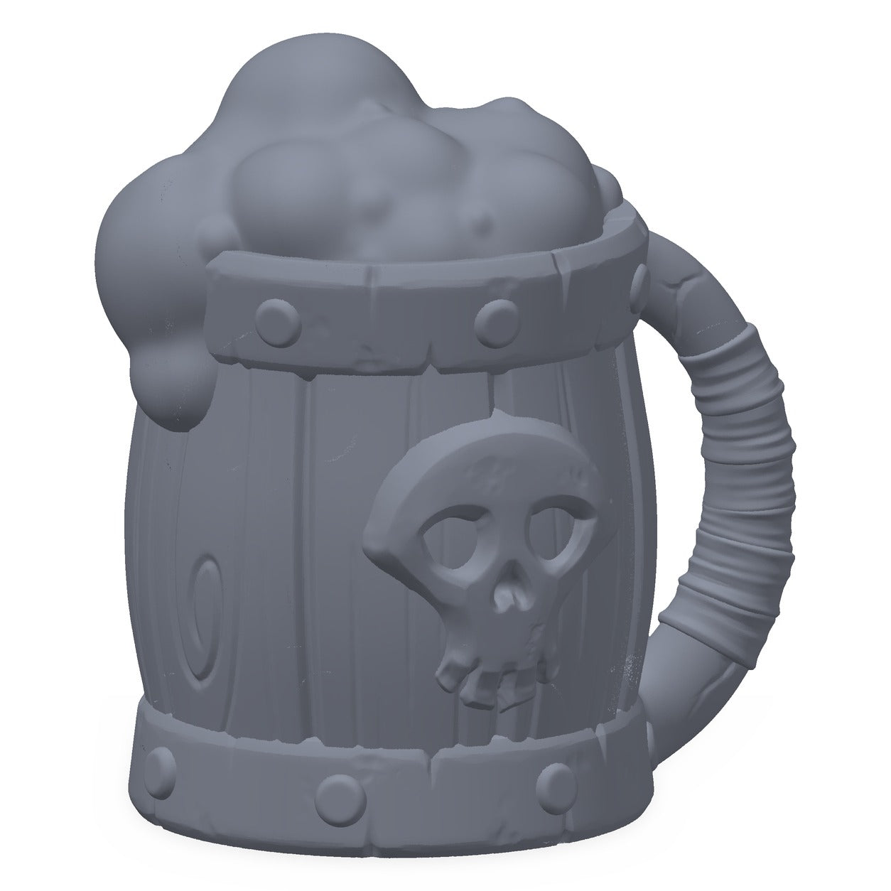 3D-printet piratkrukke i grå PLA – terrengrekvisitt til D&D og Pathfinder.
