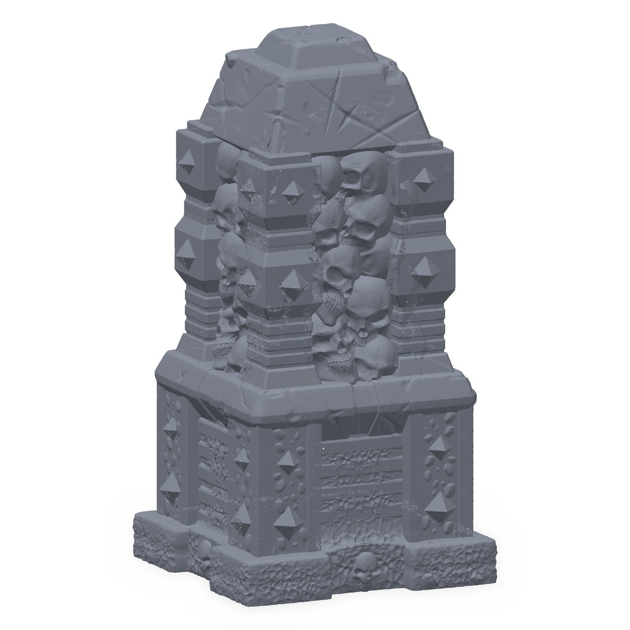 3D-printet hodeskallealter i grå PLA – terrengrekvisitt til D&D og Pathfinder.
