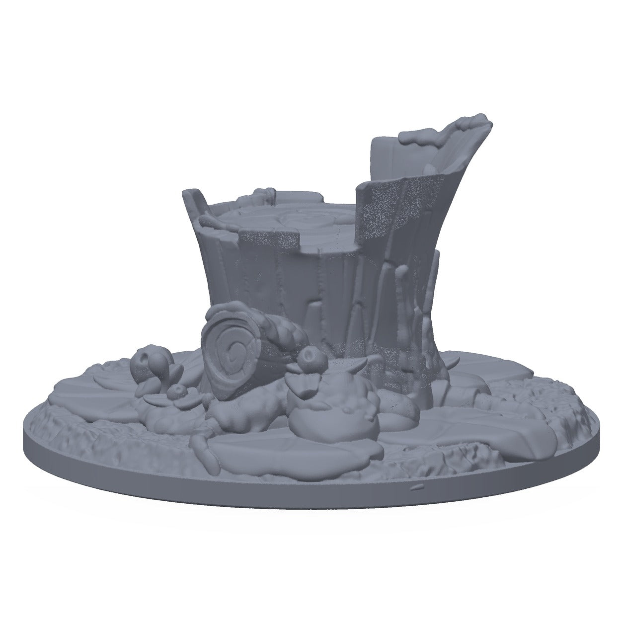 3D-printet trestubbe i grå PLA – terrengrekvisitt til D&D og Pathfinder.