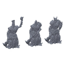 Grå 3D-printede miniatyrer av tre elite-skjeletter: magiker, soldat og kriger i tung rustning, til D&D og Pathfinder.