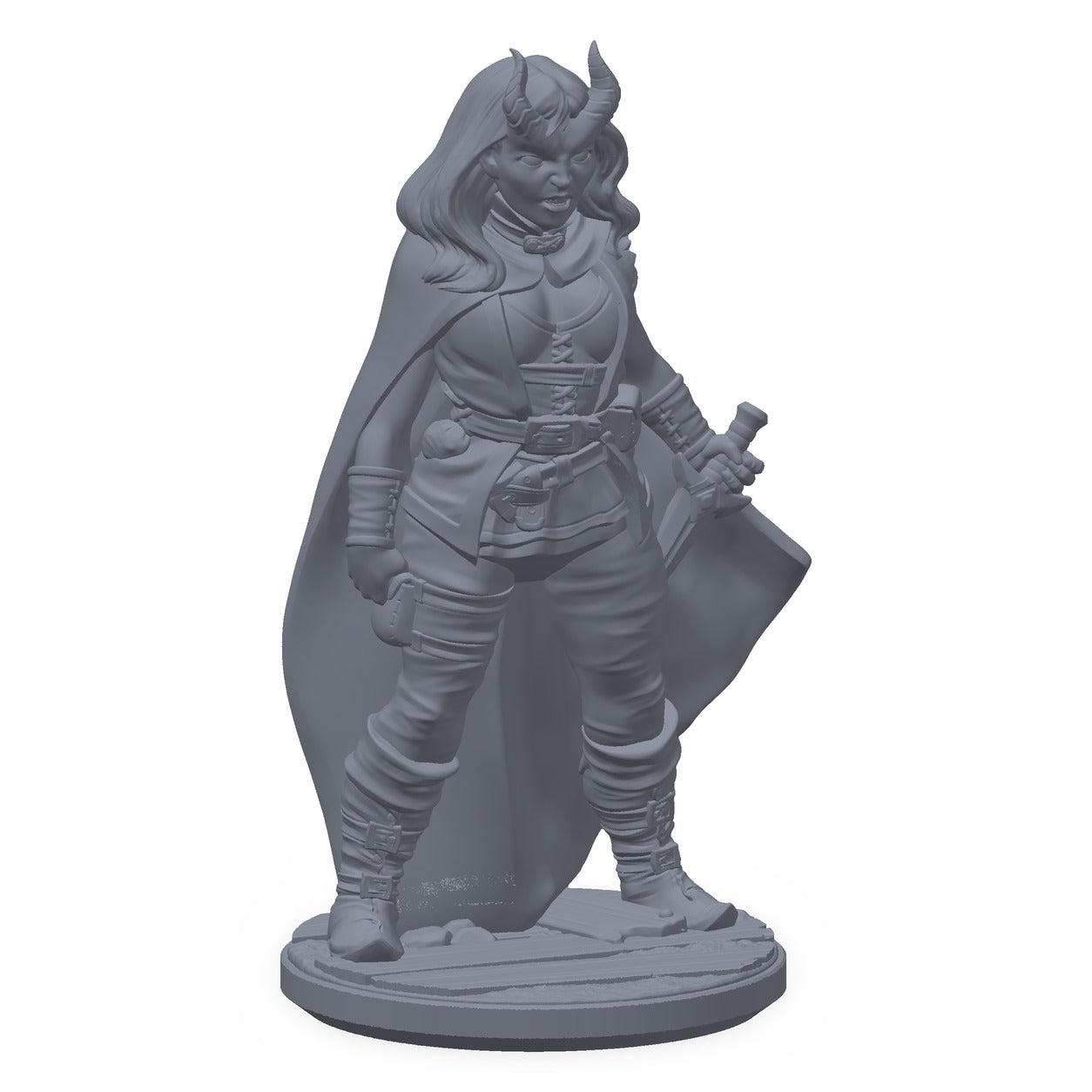 3D-printet tiefling rogue-miniatyr i grå PLA – hornet tyv med kappe, til D&D og Pathfinder.