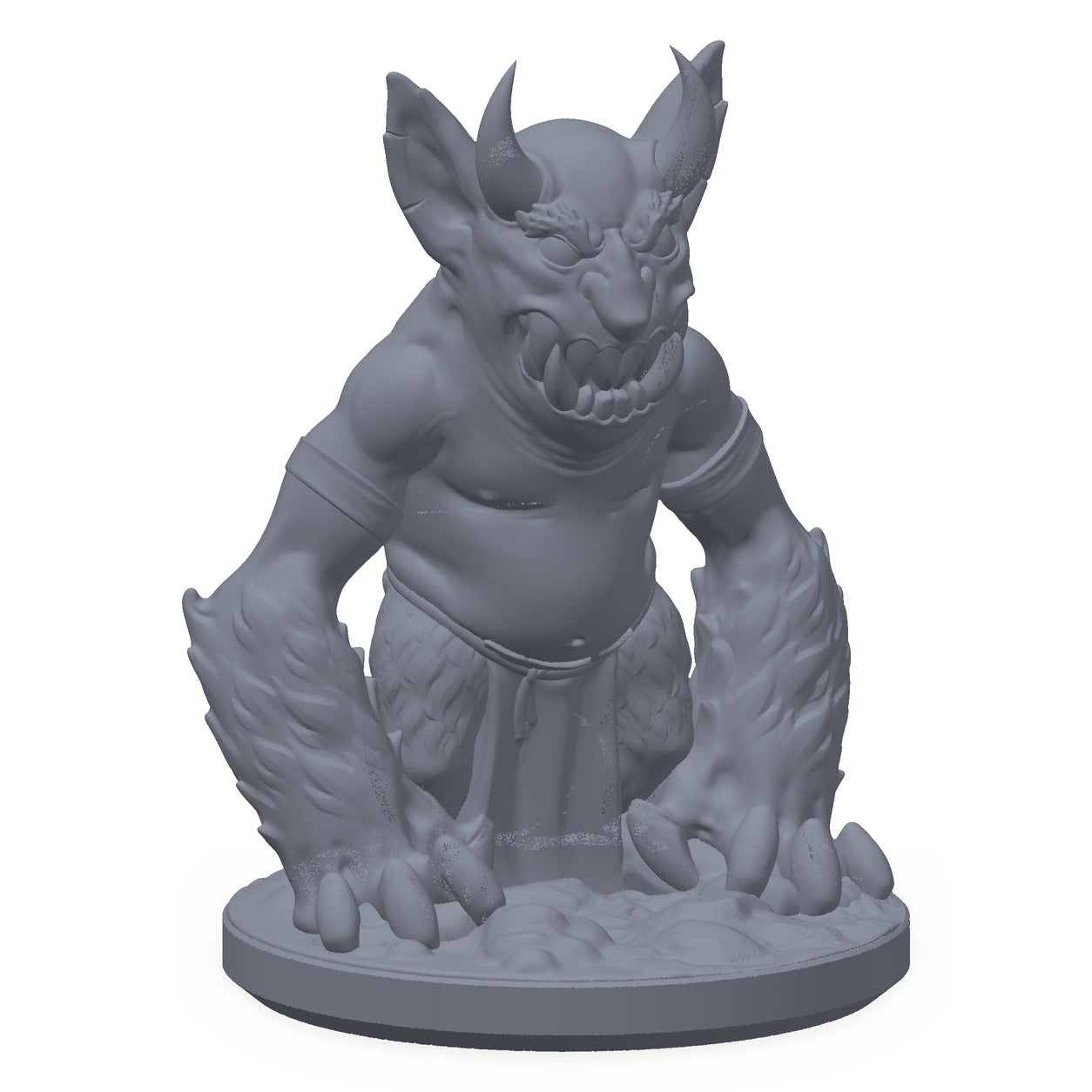 3D-printet tjener-imp-miniatyr i grå PLA – vinget imp med serveringsbrett, til D&D og Pathfinder.