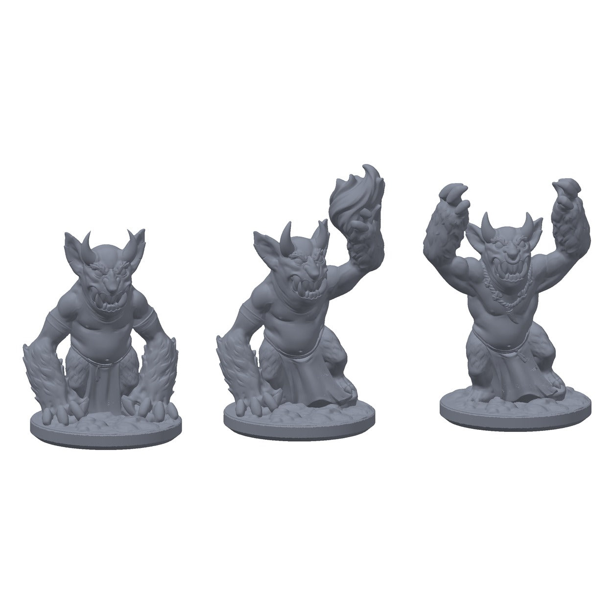 3D-printet sett med tre tjener-imper i grå PLA, til D&D og Pathfinder.