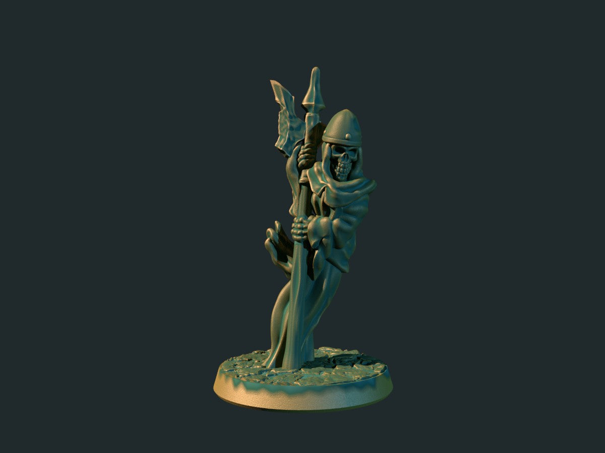 3D-printet wraith med hellebard i grå PLA til D&D og Pathfinder.