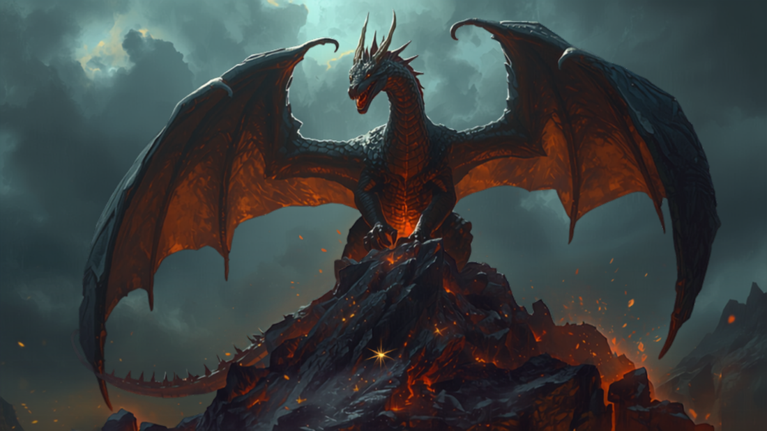 Eldgammel drage på en skattehaug, fantasy-illustrasjon