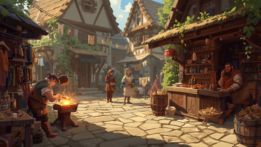 Landsbyfolk og NPC-figurer i en fantasy-landsby, illustrasjon