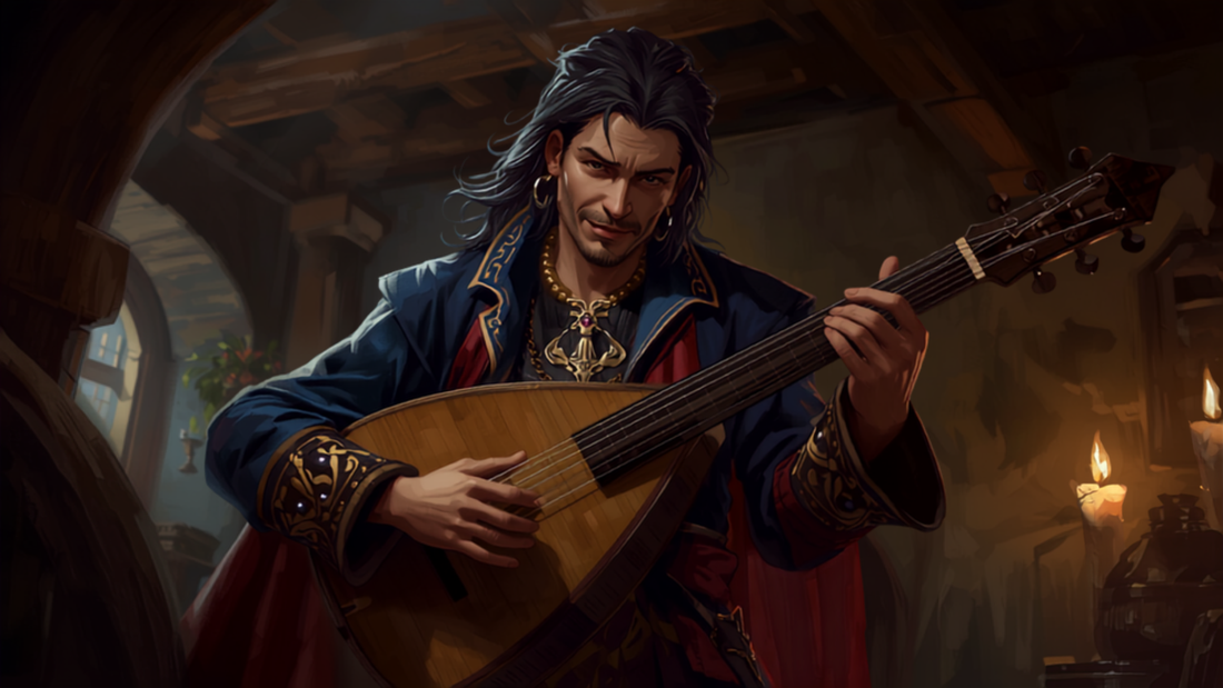 Bard spiller lutt i en varmt opplyst kro, fantasy-illustrasjon