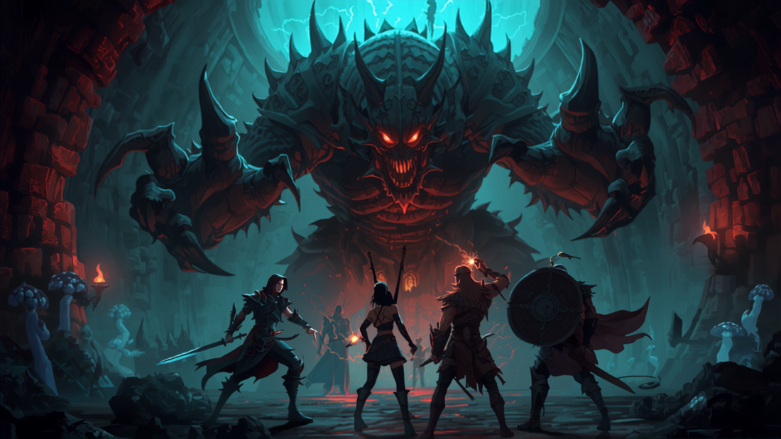 Eventyrgruppe i konfrontasjon med et stort bossmonster i en dungeon, fantasy-illustrasjon