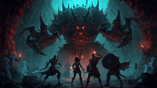 Eventyrgruppe i konfrontasjon med et stort bossmonster i en dungeon, fantasy-illustrasjon
