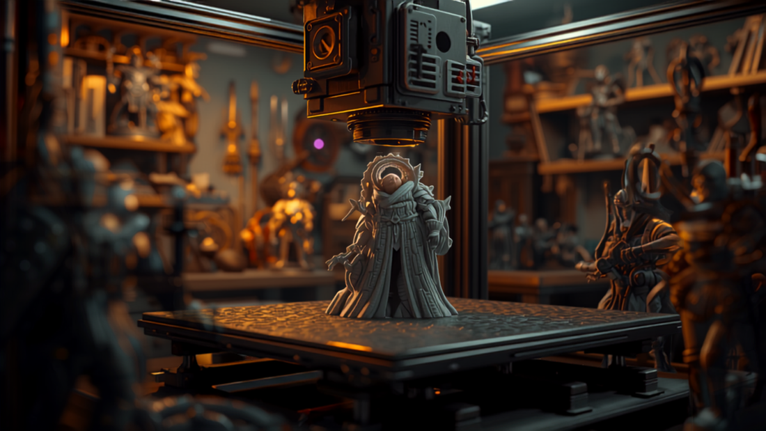 3D-printer lager en miniatyrfigur, illustrasjon