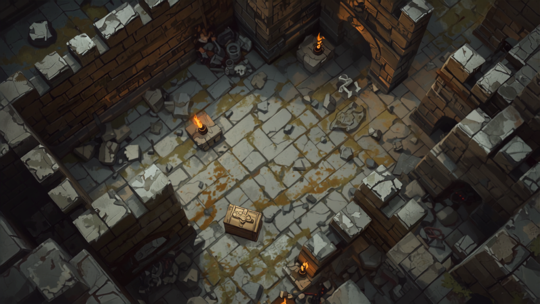 Modulært dungeon-terreng på spillbordet, illustrasjon