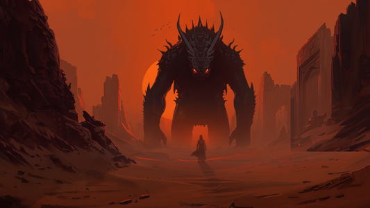 Ørken-encounter med skapning i solnedgang, fantasy-illustrasjon