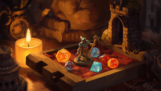 Gaveforslag for D&D-spillere: terninger, terningtårn og miniatyr, illustrasjon