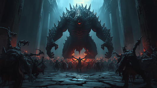Bossmonster omgitt av minions i kamparena, fantasy-illustrasjon