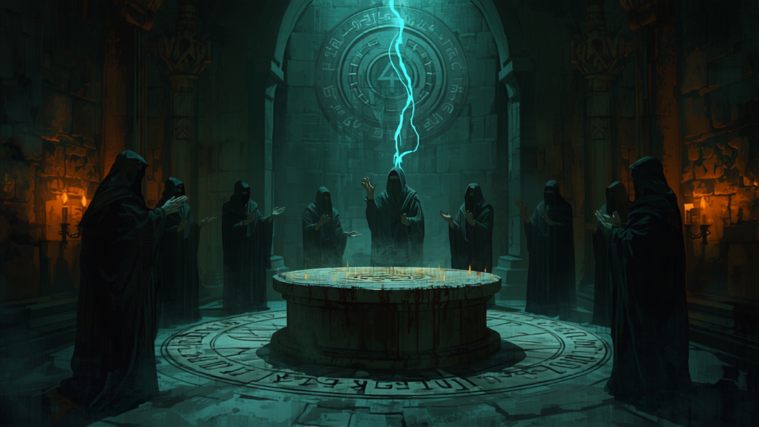 Tempel-encounter med kultister ved alter, fantasy-illustrasjon