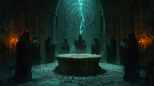Tempel-encounter med kultister ved alter, fantasy-illustrasjon