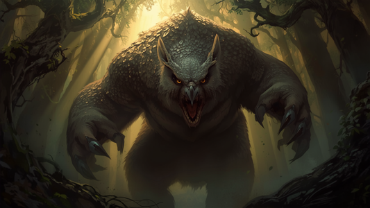 Owlbear brøler i skogen ved skumring, fantasy-illustrasjon