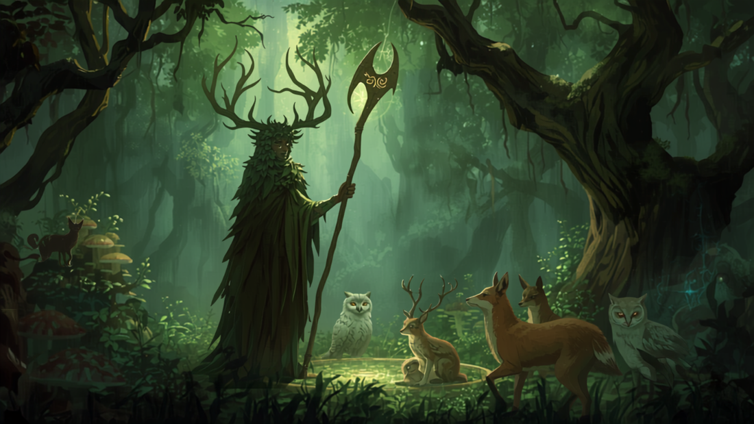 Druide omgitt av fortryllet skog, fantasy-illustrasjon