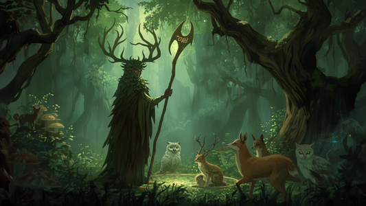 Druide omgitt av fortryllet skog, fantasy-illustrasjon