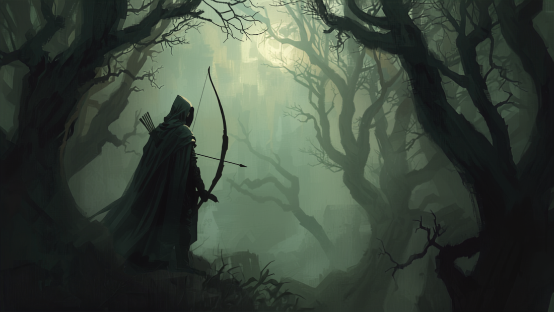 Ranger med langbue i tåkelagt skog, fantasy-illustrasjon