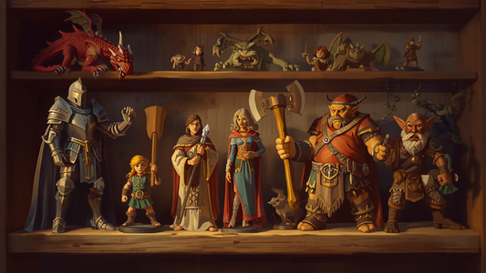 Utvalg av D&D-miniatyrer i ulike klasser, fantasy-illustrasjon