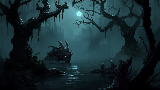 Tåkelagt sump-encounter med skapning, fantasy-illustrasjon