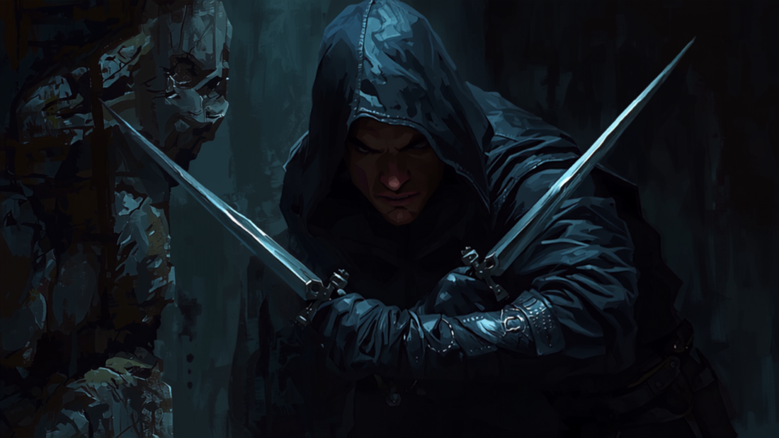 Rogue-figur skjult i skyggene, fantasy-illustrasjon