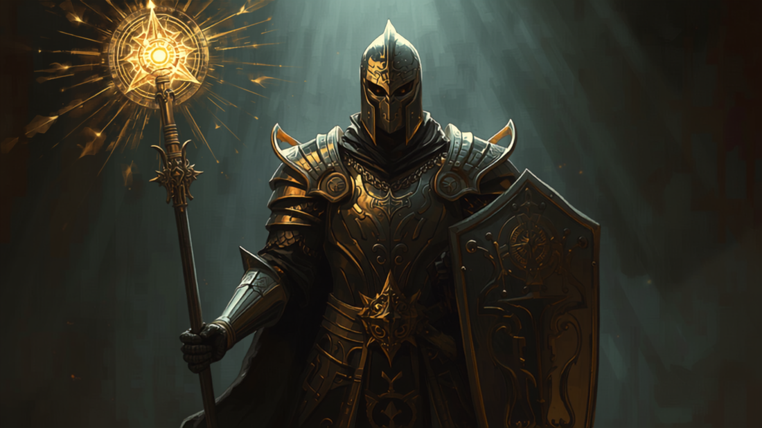 Cleric med glødende hellig kraft og skjold, fantasy-illustrasjon