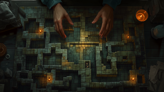 Dungeon-terreng sett ovenfra med korridorer og rom, illustrasjon