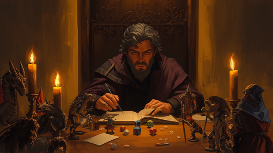Dungeon Master bak skjermen med terninger og notater, illustrasjon