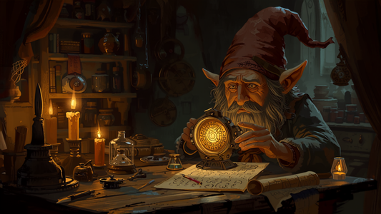 Gnome tinkrer med en magisk gjenstand, fantasy-illustrasjon