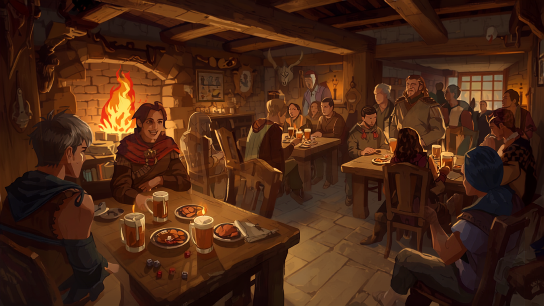 Koselig fantasy-vertshus med gjester, illustrasjon