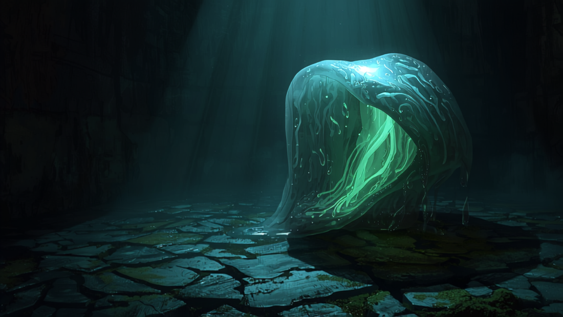 Geleaktig ooze-monster i dungeon, fantasy-illustrasjon