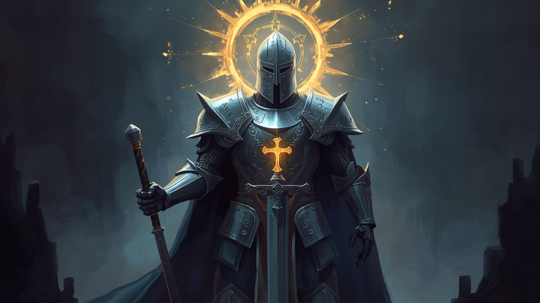 Paladin i skinnende rustning med hellig lys, fantasy-illustrasjon