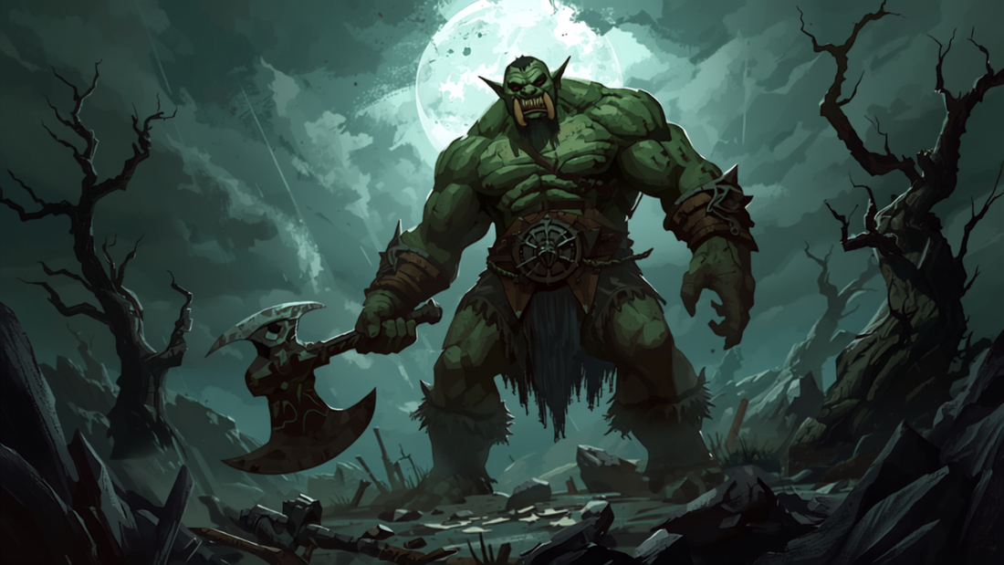 Ork-kriger med øks på slagmarken, fantasy-illustrasjon