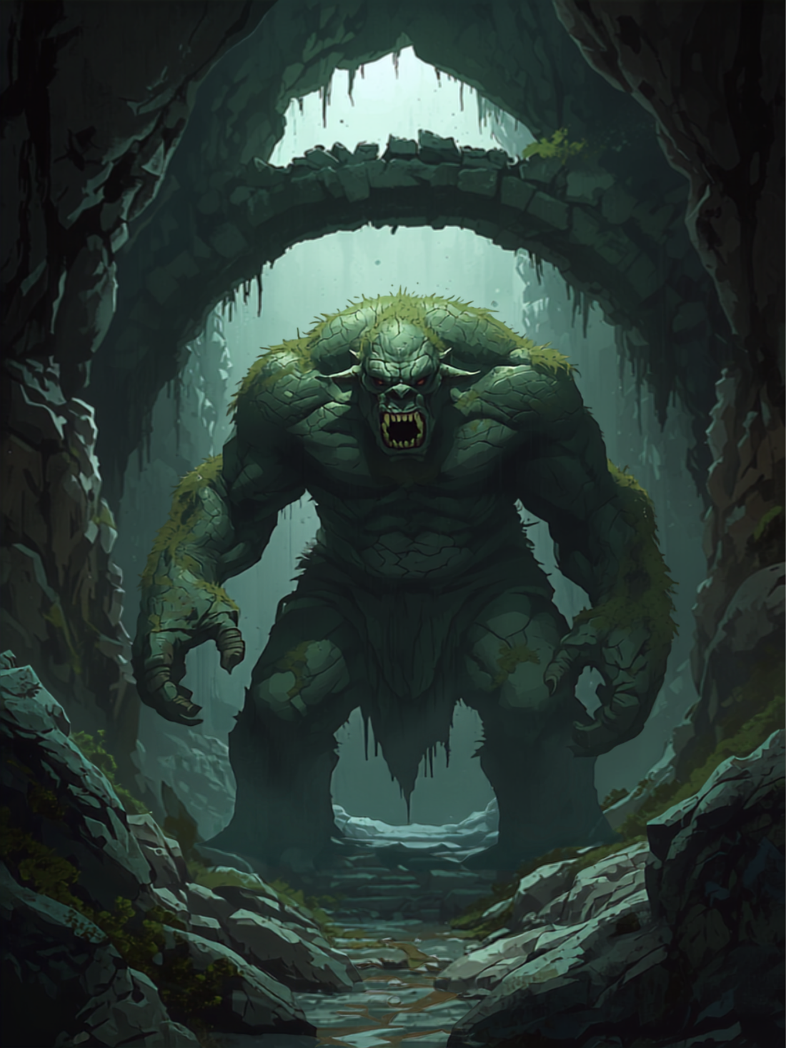 Trollminiatur med massiv kropp og truende positur i dungeon-scene, fantasy-illustrasjon