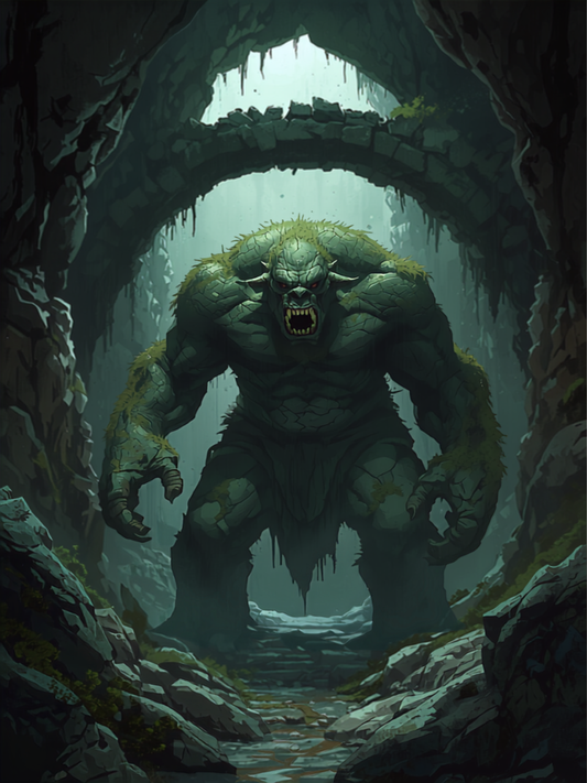 Trollminiatur med massiv kropp og truende positur i dungeon-scene, fantasy-illustrasjon