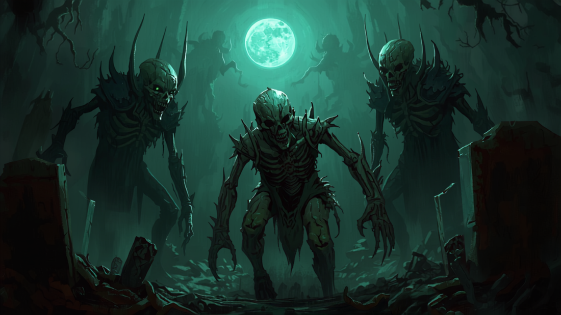 Skjeletter og zombier i en tåkeleg gravplass om natten, fantasy-illustrasjon